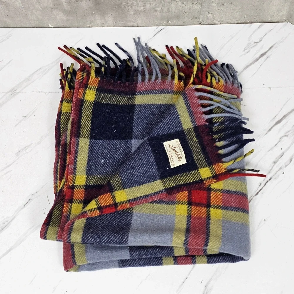 Vintage 60s Jayvee‎ Sportster Wool Blanket Plaid Throw Fringe Camp Cabin 54x58